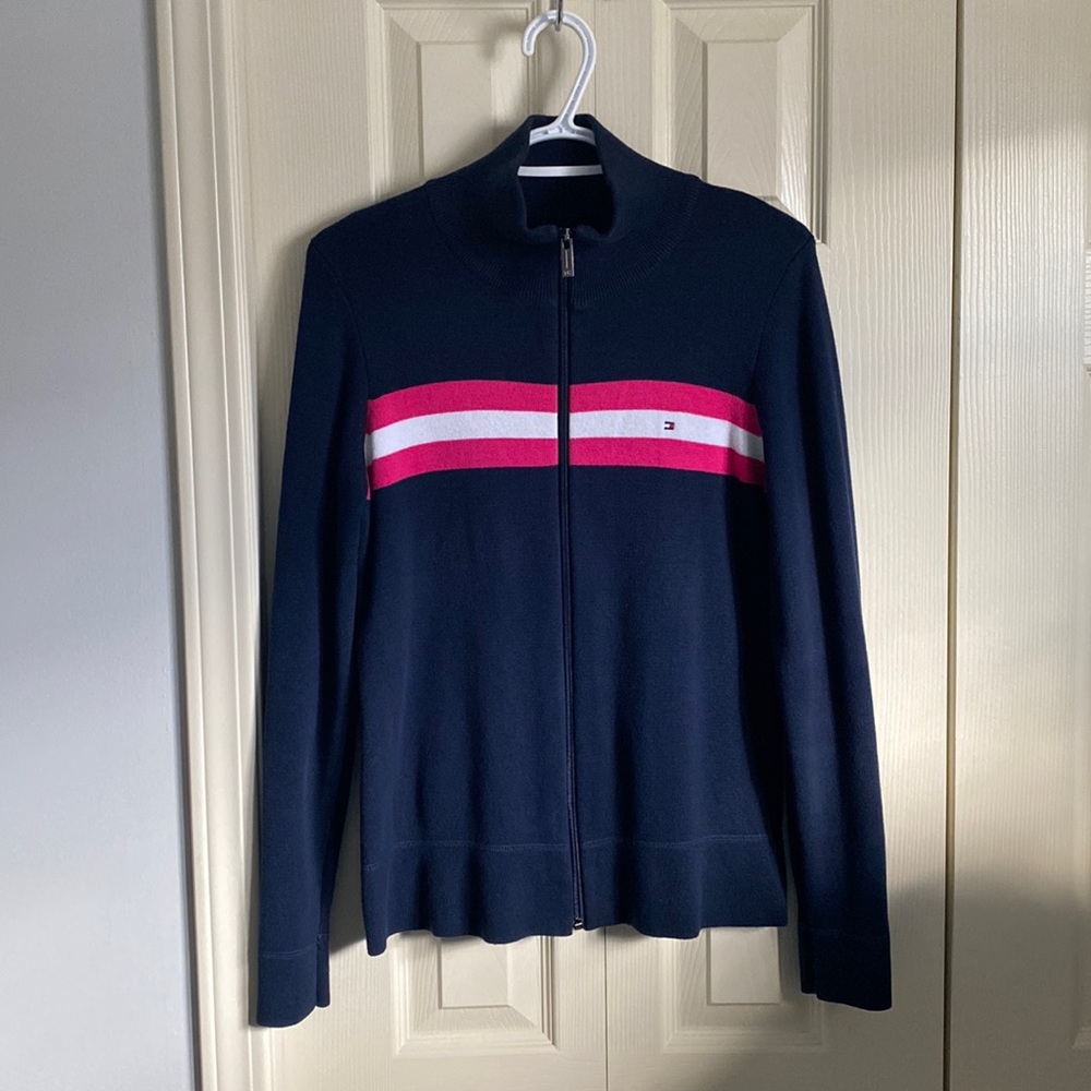 Tommy Hilfiger Navy Zip-Up Cardigan with Pink and White Stripes